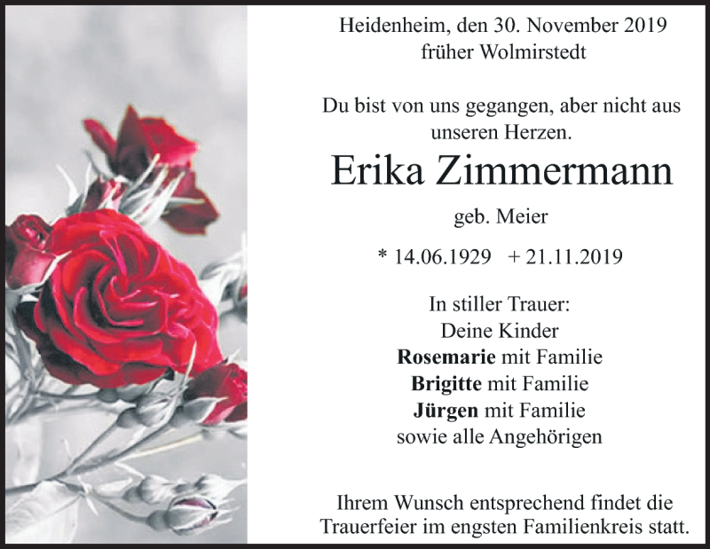  Traueranzeige für Erika Zimmermann vom 30.11.2019 aus Heidenheimer Zeitung