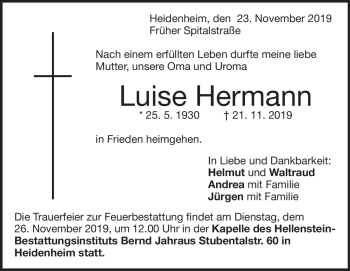 Traueranzeige von Luise Hermann von Heidenheimer Zeitung