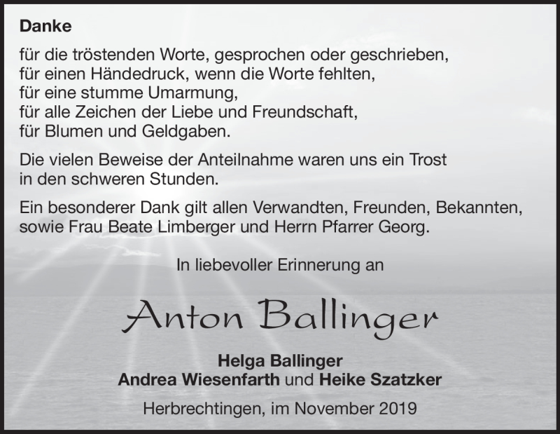  Traueranzeige für Anton Ballinger vom 08.11.2019 aus Heidenheimer Zeitung