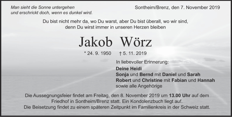  Traueranzeige für Jakob Wörz vom 07.11.2019 aus Heidenheimer Zeitung