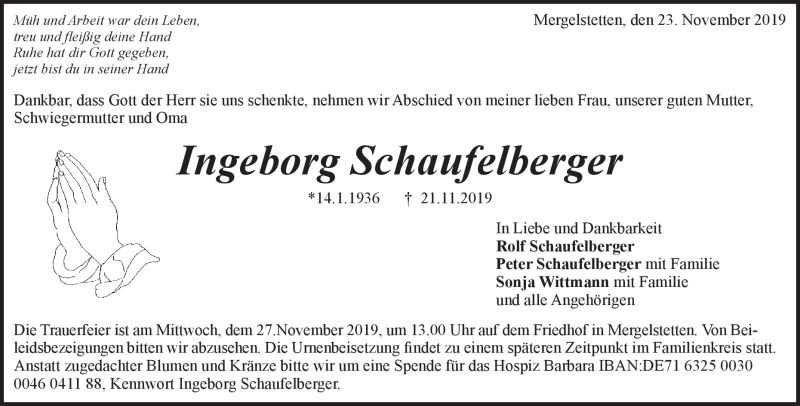  Traueranzeige für Ingeborg Schaufelberger vom 23.11.2019 aus Heidenheimer Zeitung