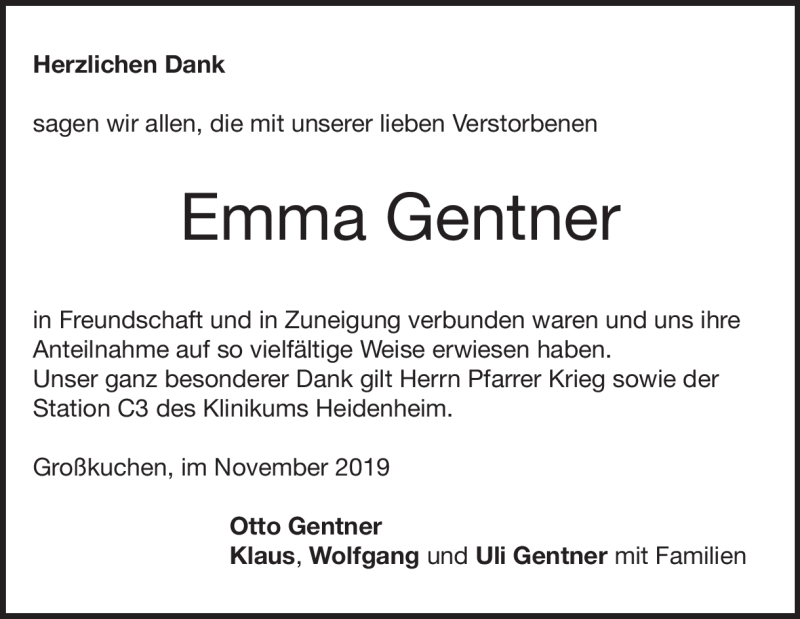  Traueranzeige für Emma Gentner vom 08.11.2019 aus Heidenheimer Zeitung