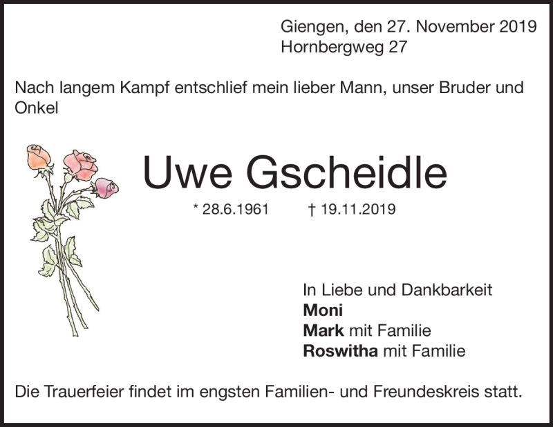  Traueranzeige für Uwe Gscheidle vom 27.11.2019 aus Heidenheimer Zeitung