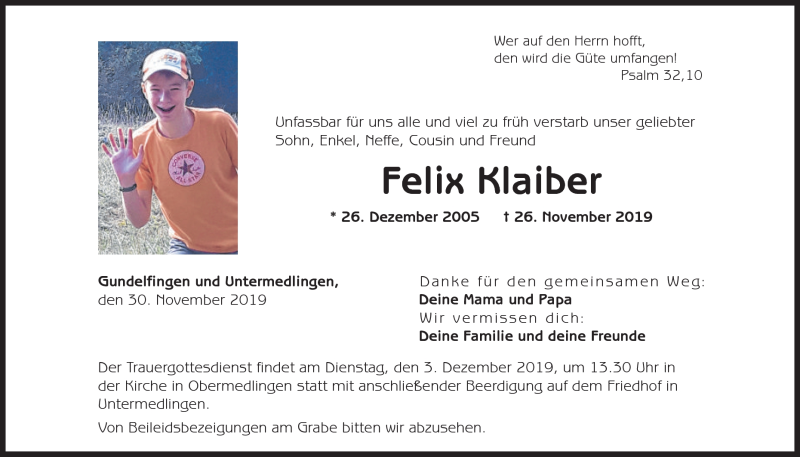  Traueranzeige für Felix Klaiber vom 30.11.2019 aus Heidenheimer Zeitung