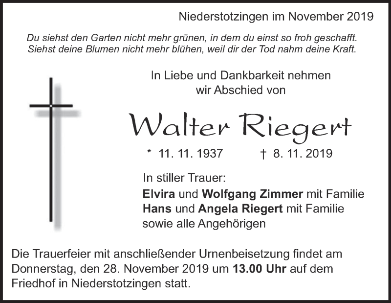  Traueranzeige für Walter Riegert vom 26.11.2019 aus Heidenheimer Zeitung