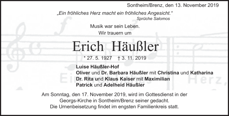  Traueranzeige für Erich Häußler vom 13.11.2019 aus Heidenheimer Zeitung