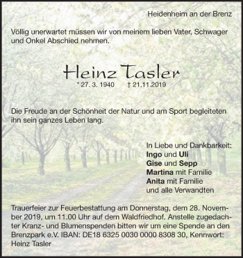 Traueranzeige von Heinz Tasler von Heidenheimer Zeitung