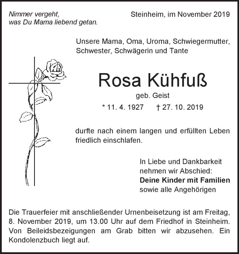  Traueranzeige für Rosa Kühfuß vom 05.11.2019 aus Heidenheimer Zeitung