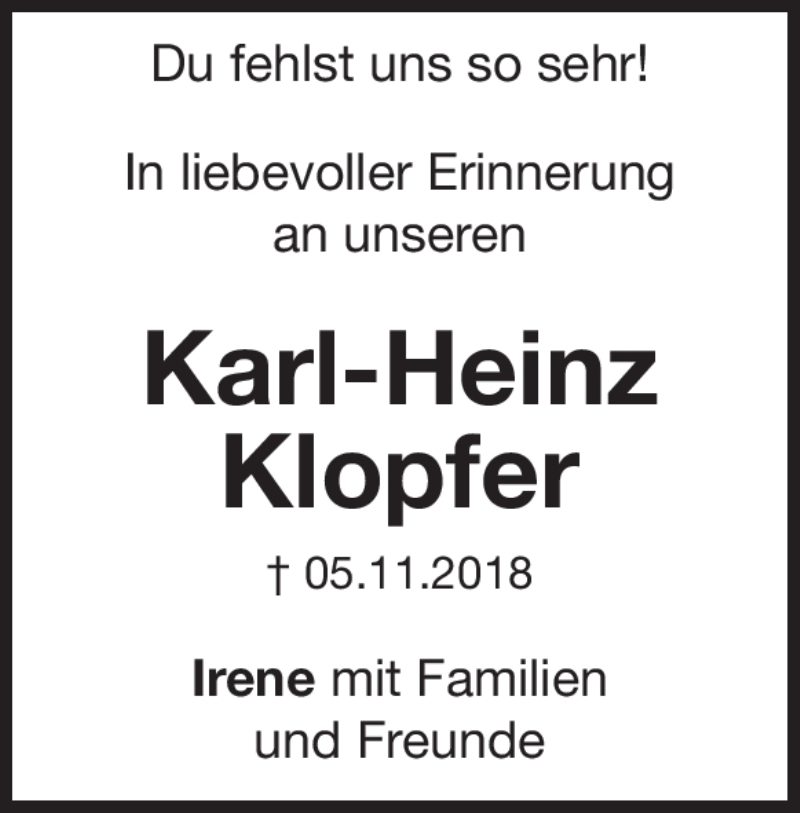  Traueranzeige für Karl-Heinz Klopfer vom 05.11.2019 aus Heidenheimer Zeitung