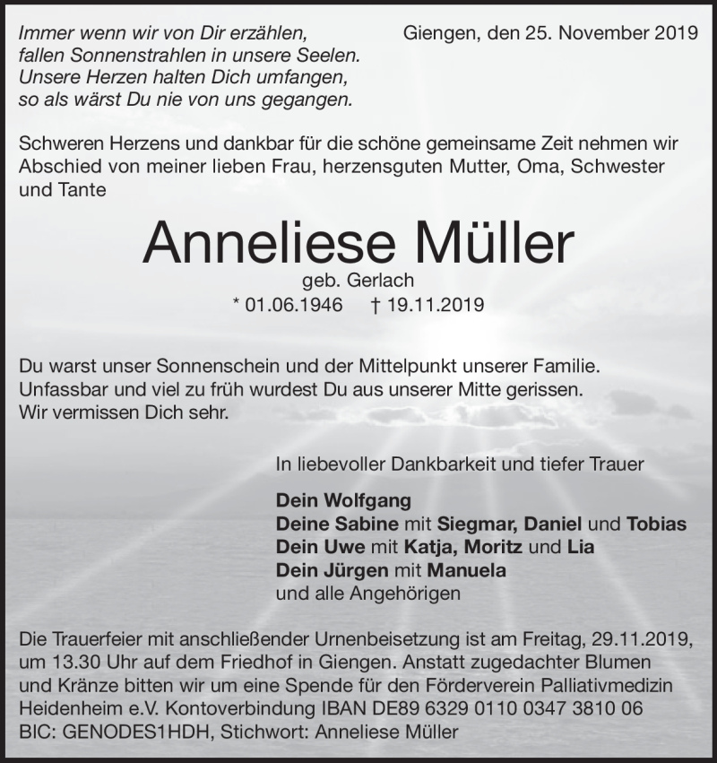  Traueranzeige für Anneliese Müller vom 25.11.2019 aus Heidenheimer Zeitung
