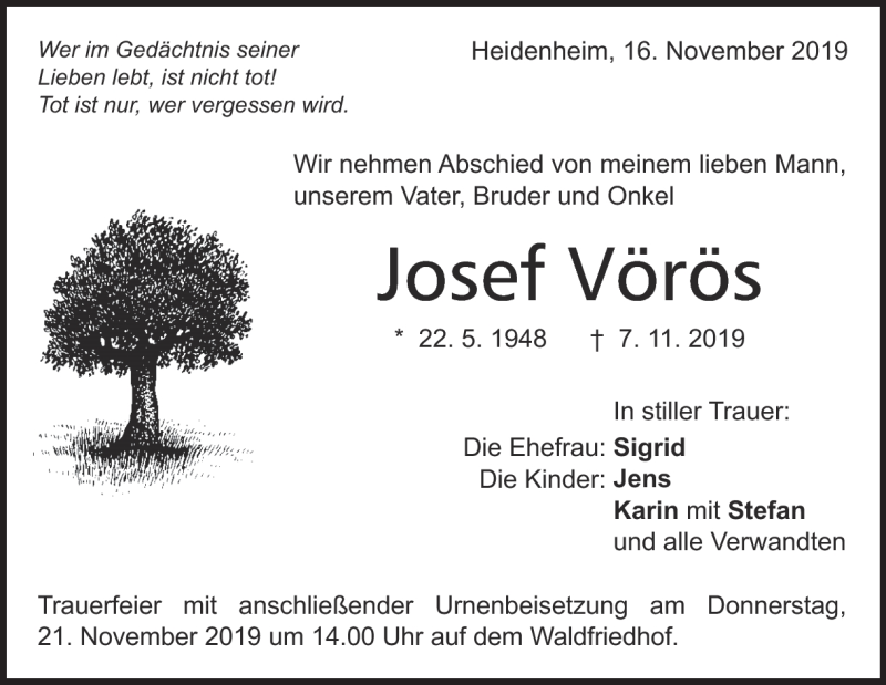  Traueranzeige für Josef Vörös vom 16.11.2019 aus Heidenheimer Zeitung