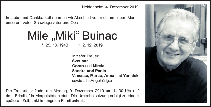  Traueranzeige für Mile Buinac vom 04.12.2019 aus Heidenheimer Zeitung