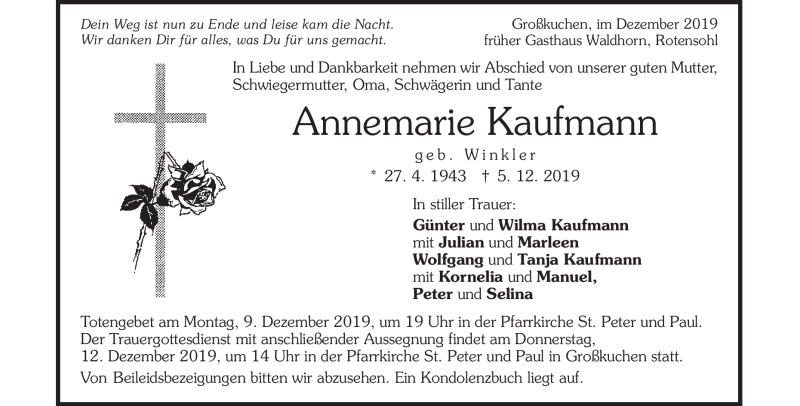  Traueranzeige für Annemarie  Kaufmann vom 07.12.2019 aus Heidenheimer Zeitung