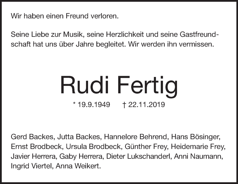  Traueranzeige für Rudi Fertig vom 30.11.2019 aus Heidenheimer Zeitung
