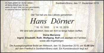 Traueranzeige von Hans Dörner von Heidenheimer Zeitung