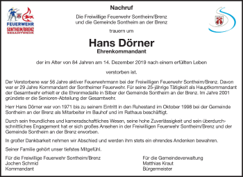 Traueranzeige von Hans Dörner von Heidenheimer Zeitung