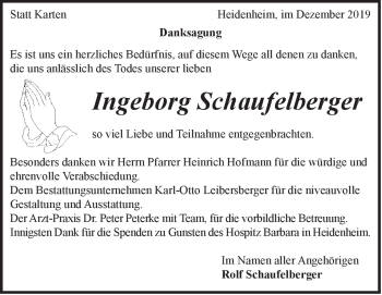 Traueranzeige von Ingeborg Schaufelberger von Heidenheimer Zeitung