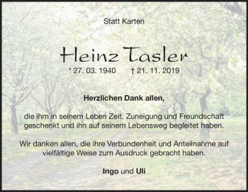 Traueranzeige von Heinz Tasler von Heidenheimer Zeitung