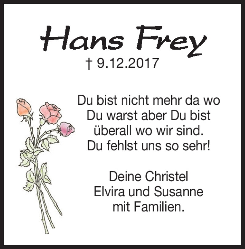  Traueranzeige für Hans Frey vom 09.12.2019 aus Heidenheimer Zeitung