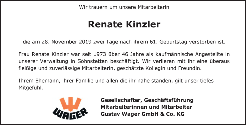  Traueranzeige für Renate Kinzler vom 14.12.2019 aus Heidenheimer Zeitung