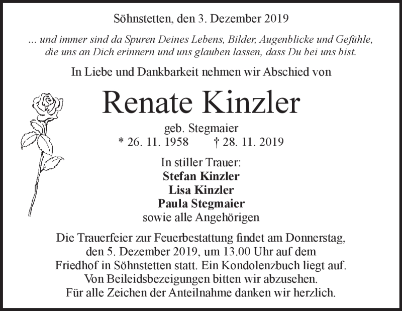  Traueranzeige für Renate Kinzler vom 03.12.2019 aus Heidenheimer Zeitung