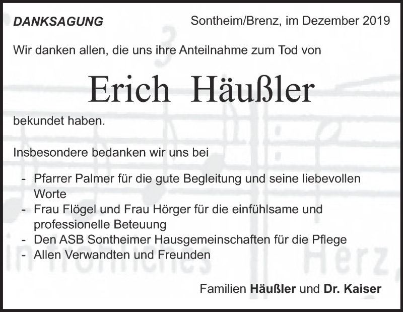  Traueranzeige für Erich Häußler vom 05.12.2019 aus Heidenheimer Zeitung