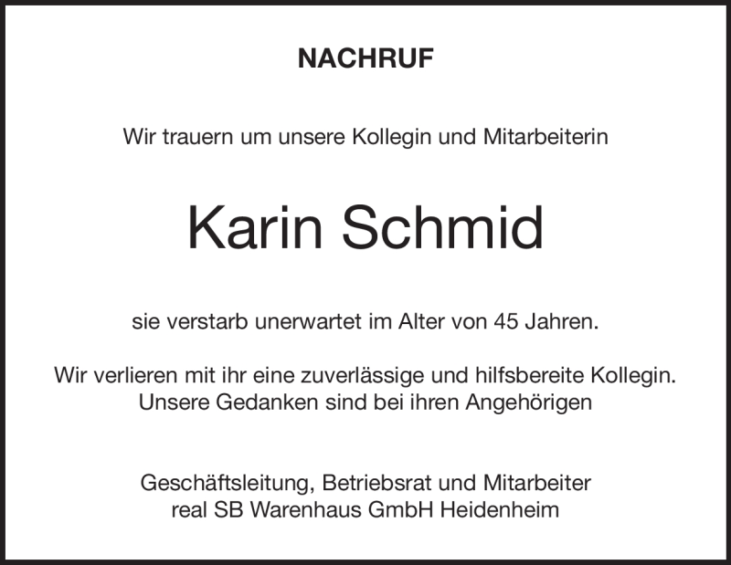  Traueranzeige für Karin Schmid vom 23.12.2019 aus Heidenheimer Zeitung