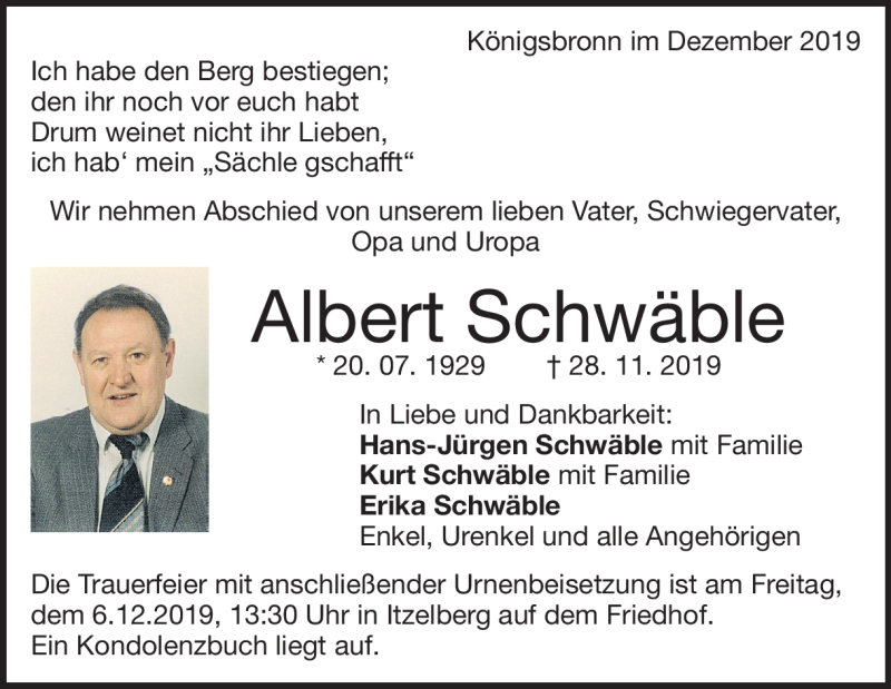  Traueranzeige für Albert Schwäble  vom 04.12.2019 aus Heidenheimer Zeitung