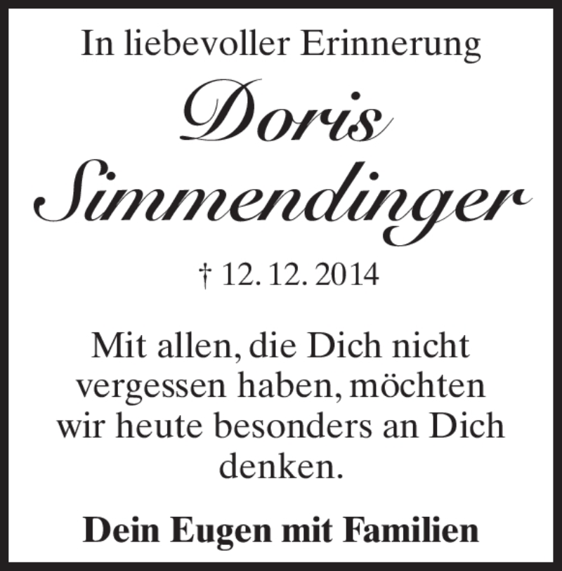  Traueranzeige für Doris Simmendinger vom 12.12.2019 aus Heidenheimer Zeitung