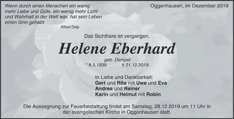  Traueranzeige für Helene Eberhard vom 24.12.2019 aus Heidenheimer Zeitung