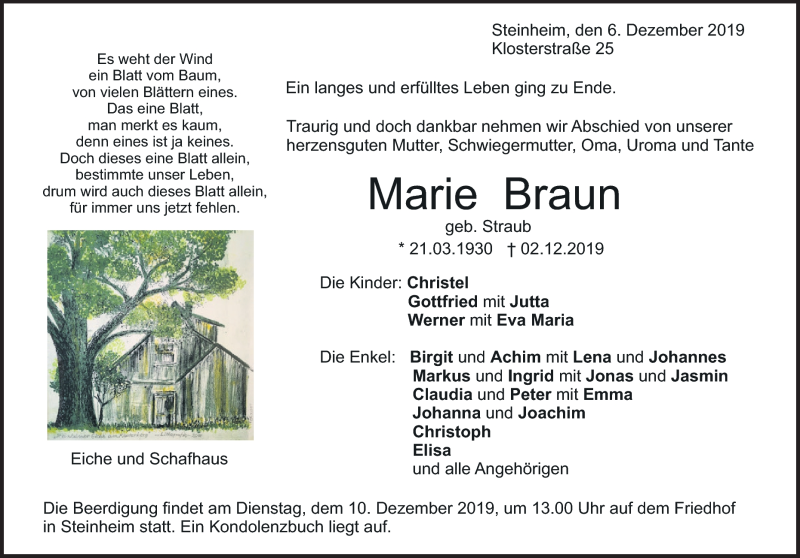  Traueranzeige für Marie Braun vom 06.12.2019 aus Heidenheimer Zeitung