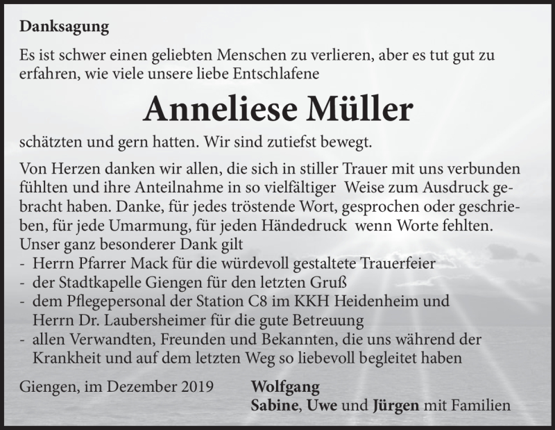  Traueranzeige für Anneliese Müller vom 14.12.2019 aus Heidenheimer Zeitung