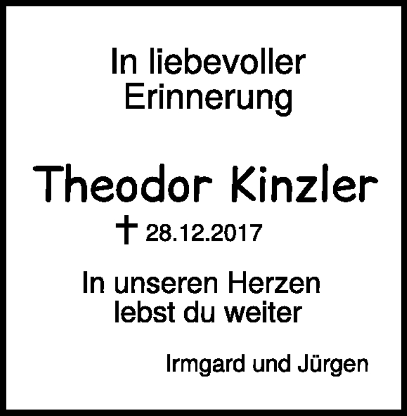 Traueranzeige für Theodor Kinzler vom 28.12.2019 aus Heidenheimer Zeitung