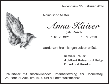 Traueranzeige von Anna Kaiser von Heidenheimer Zeitung