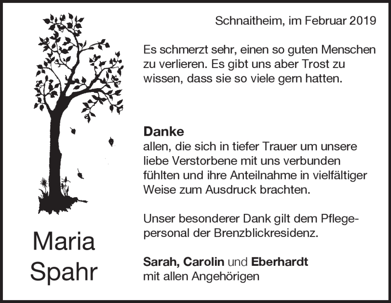  Traueranzeige für Maria Spahr  vom 19.02.2019 aus Heidenheimer Zeitung