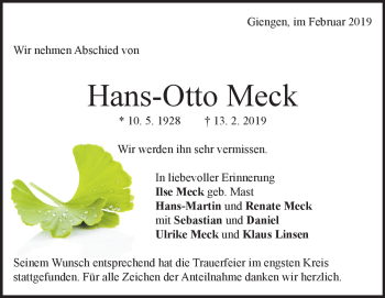 Traueranzeige von Hans-Otto Meck von Heidenheimer Zeitung