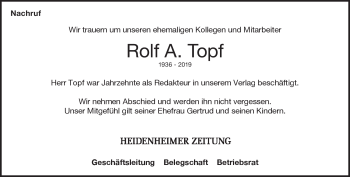 Traueranzeige von Rolf A. Topf von Heidenheimer Zeitung