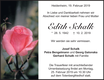 Traueranzeige von Edith Schalk von Heidenheimer Zeitung