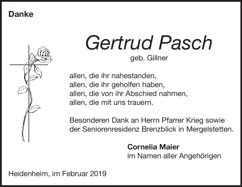 Traueranzeige für Gertrud Pasch vom 09.02.2019 aus Heidenheimer Zeitung