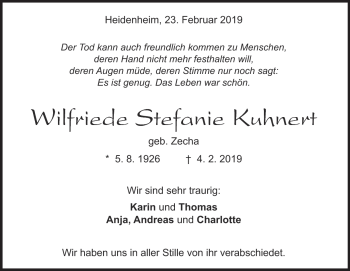 Traueranzeige von Wilfriede Stefanie Kuhnert von Heidenheimer Zeitung