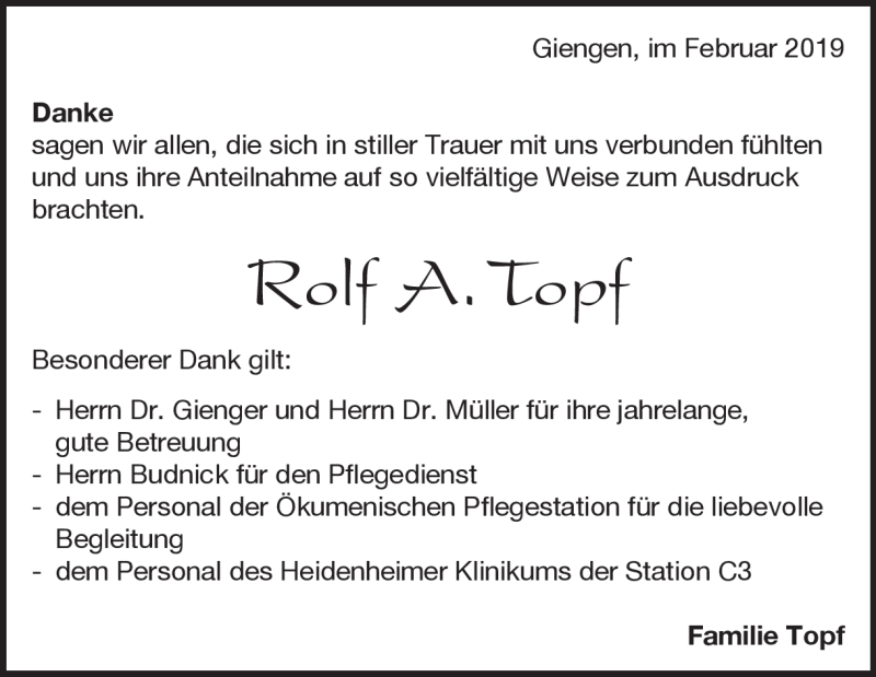  Traueranzeige für Rolf A. Topf vom 28.02.2019 aus Heidenheimer Zeitung
