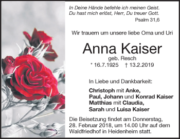 Traueranzeige von Anna Kaiser von Heidenheimer Zeitung