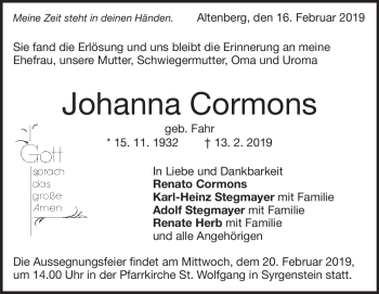 Traueranzeige von Johanna Cormons von Heidenheimer Zeitung