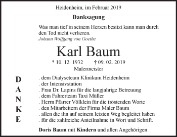 Traueranzeige von Karl Baum von Heidenheimer Zeitung