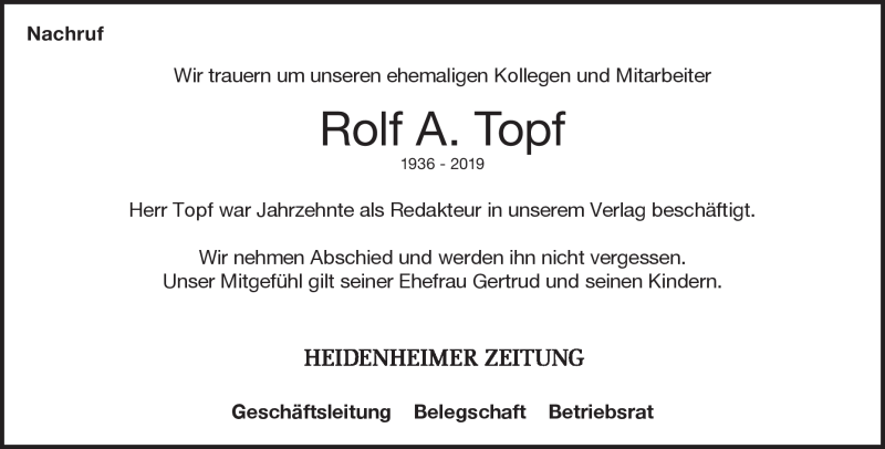  Traueranzeige für Rolf A. Topf vom 18.02.2019 aus Heidenheimer Zeitung