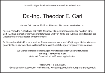 Traueranzeige von Dr.-Ing. Theodor E. Carl 