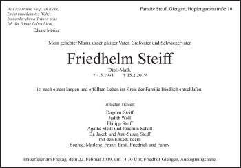 Traueranzeige von Friedhelm Steiff von Heidenheimer Zeitung