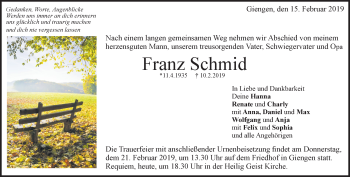 Traueranzeige von Franz Schmid von Heidenheimer Zeitung