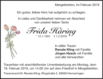 Traueranzeige von Frida Häring von Heidenheimer Zeitung