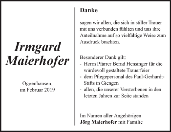 Traueranzeige von Irmgard Maierhofer von Heidenheimer Zeitung